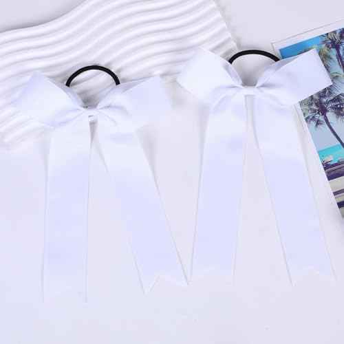 16Pcs Cheerleading Bows Long Tail Skinny Cheer Hair Bows Grosgrain Ribbon Elastic Bands Handmade Ponytail Holder for Cheerleading Girls School College Sports (Long White)