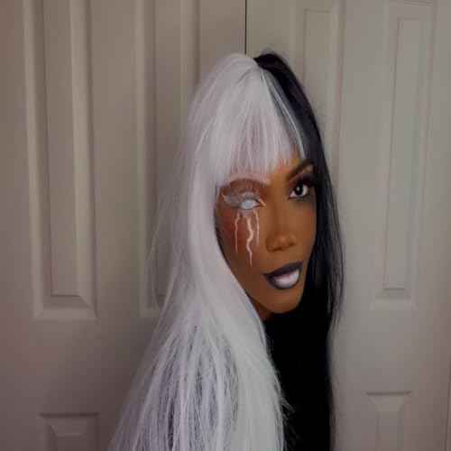 28 inch Long Straight Black and White Cosplay Wig with Bangs Natural Hair Fiber Synthetic Wig for Women and Girls, Perfect for Halloween,Holidays, Festivals, Christmas, Parties, and Cosplay