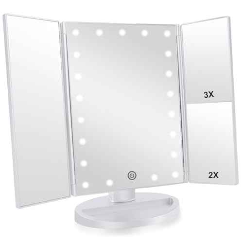 Trifold Makeup Mirror Vanity Mirror with Lights,1X 2X 3X Magnification,Touch Screen,180 Adjustable Rotation,Portable Travel Bathroom Cosmetic Mirror