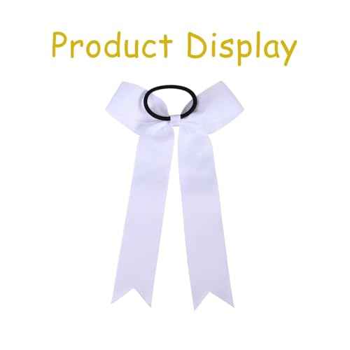16Pcs Cheerleading Bows Long Tail Skinny Cheer Hair Bows Grosgrain Ribbon Elastic Bands Handmade Ponytail Holder for Cheerleading Girls School College Sports (Long White)