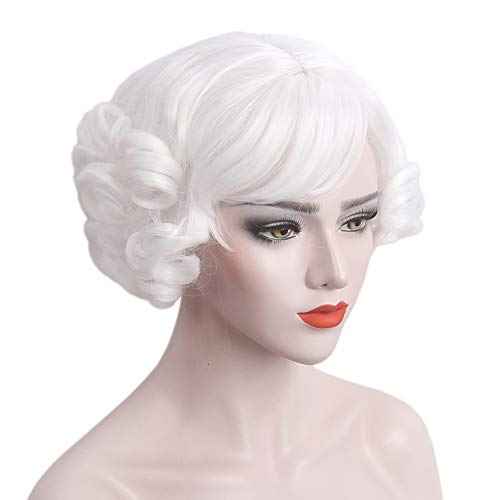 White Short Curly Womens Wig Heat Resistant Synthetic Hair for old lady Halloween Christmas mrs Santa Anime Cosplay costume Daily Wig