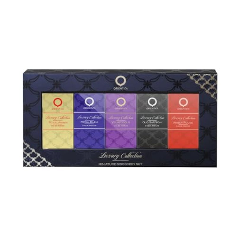 Orientica Luxury Collection Mini Perfume Gift Set for Men & Women, 5-Piece Discovery Set with Amber Rouge, Royal Amber, Oud Saffron, Velvet Gold & Royal Bleu, Unisex Fragrances for Every Occasion