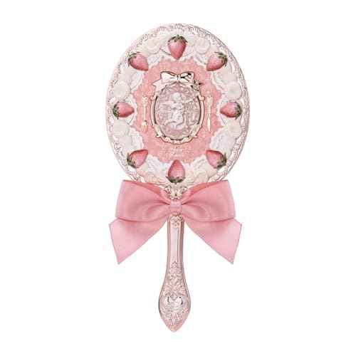 Flower Knows Strawberry Cupid Hand Mirror,Vintage Handheld Mirror,Fancy & Pretty Princess Mirror with Long Handle,Gift for Girls & Women(Milk Pink)