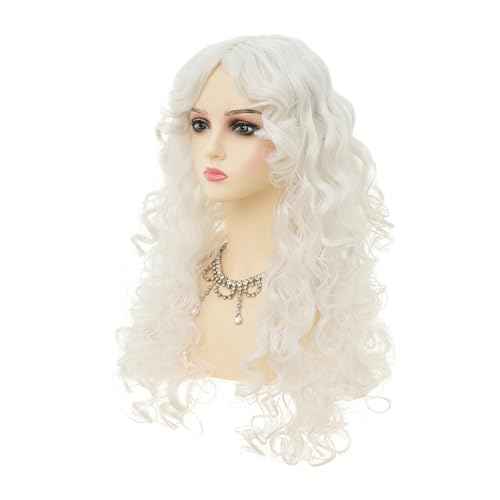 White Long Curly Wigs for Women With bangs Synthetic Queen Princess Middle Part Hair Wig for Cosplay Halloween