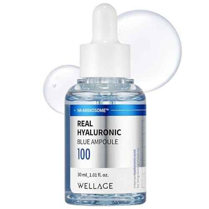 WELLAGE Real Hyaluronic Blue Ampoule 100, Korean Skincare, Fragrance Free Hyaluronic Acid Serum with Panthenol, Wild yam, Centella for Sensitive Dry Skin Moisturizer 1.01 fl.oz