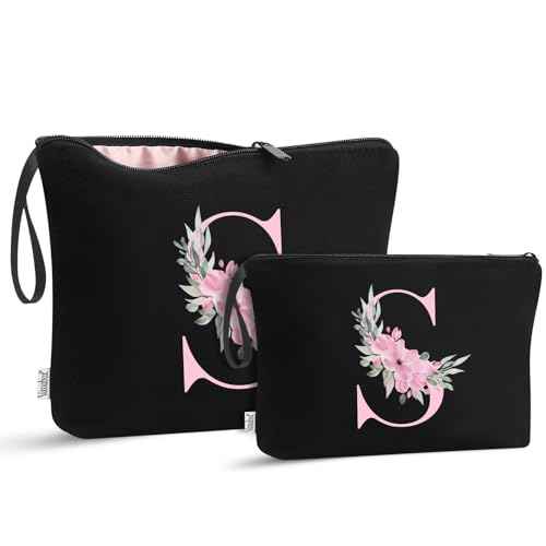 Vavabox A-Z Personalized Makeup Bag, Birthday Gifts for Women Mom, Gifts for Best Friend, Bride Bridesmaid Cosmetic bag (S, 04-Black Set)