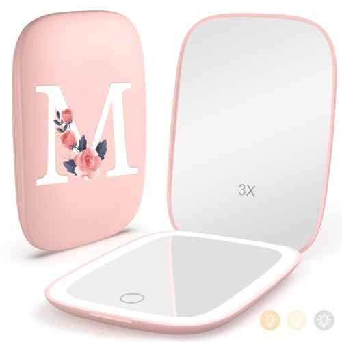 Personalized Gifts for Women Girls, Rechargeable Travel Mirror with 3 Color Lights and Auto-Off Feature, 1X/3X Mini Led Compact Makeup Mirror for Purse, Stocking Stuffers for Girls Women-Letter M