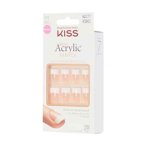KISS Salon Acrylic Press On Nails, Nail glue included, 'Sugar Rush', French, Medium Size, Square Shape, Includes 28 Nails, 2g Glue, 1 Manicure Stick, 1 Mini File
