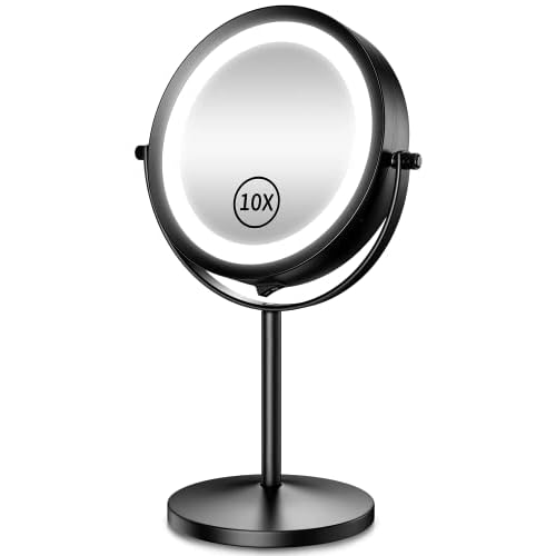 Benbilry 10X Magnifying Lighted Makeup Mirror, 7 Inch Double Sided 1X/10X Magnification with Lights, 360¡Æ Rotation Swivel Travel Make Up Mirror with Lighting, Battery Operated Black