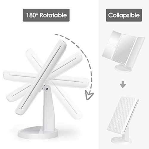 Makeup Mirror Vanity Mirror with Lights 1X 2X 3X 10X Magnification, Lighted Makeup Mirror, Touch Control, Tri-Fold Portable LED Makeup Vanity, Two Power Supply Modes, White