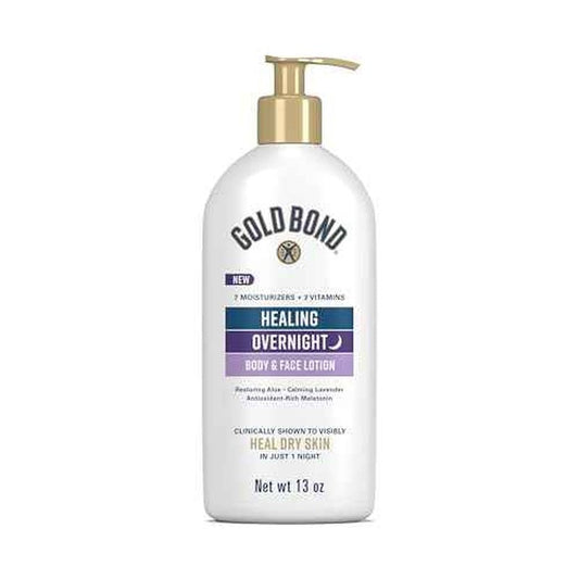 Gold Bond Healing Overnight Body & Face Lotion for Dry Skin, Nongreasy Moisturizer with Hyaluronic Acid, Aloe & Melatonin Works While You Sleep, 13 oz.