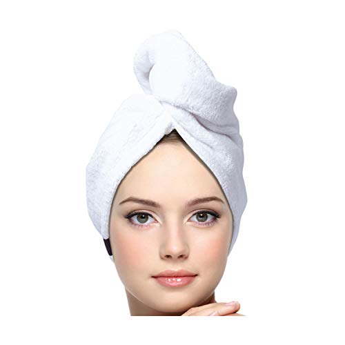 KEEPOZ 100% Cotton Hair Towel Wrap Quick Dry Super Absorbent Turban Head Wrap for Women with Button, Anti Frizz, Hair Cap for Curly, Long & Thick Hair (White, 1 Pc)