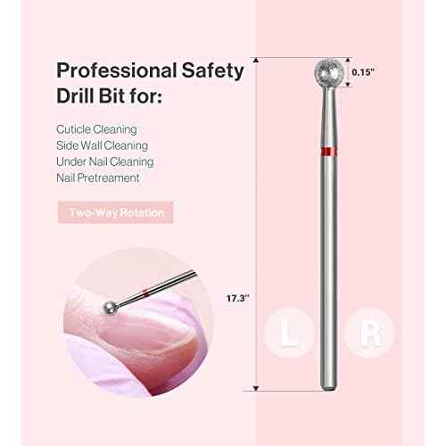 MelodySusie Ball Shape Cuticle Clean Nail Drill Bit 3/32'', Professional Safety Carbide Diamond Nail Bit Nail Cleaner for Cuticle Dead Skin Nail Prepare, Two Way Rotate, Manicure Nail Salon Supplies