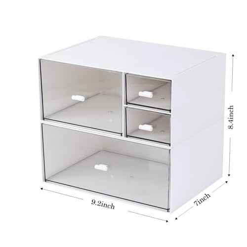 Desk Organizer with 4 Drawers, Makeup Organizer, Desktop Storage Box, Cosmetics Storage Box for nail polish, Lipstick, Brushes, Jewelry, Skincare, Bathroom Organization Boxes(White)