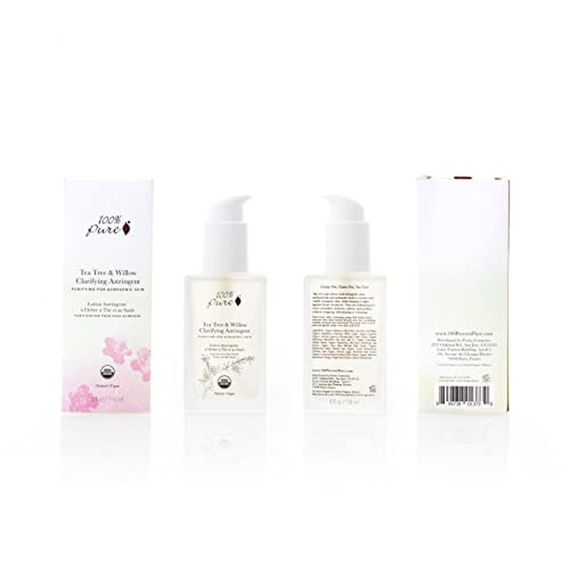 100% PURE Tea Tree & Willow Clarifying Astringent, Natural Acne Treatment, Alcohol Free, Hydrating Toner - 4 Fl Oz