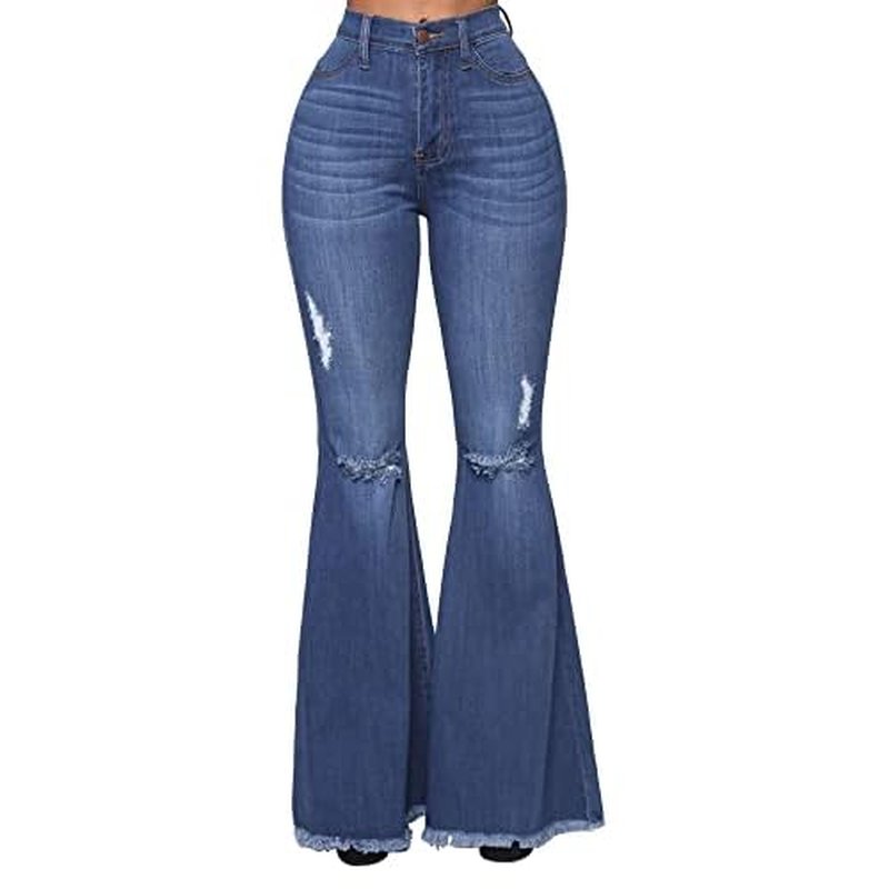 Women's Fashion Bell Bottom Pants High Waist Tassel Stretch Curvy Fit Jeans Blue
