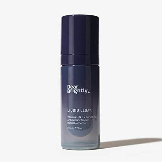 Vitamin C Serum with Ferulic Acid and Vitamin E for Glowing Radiant Skin by Dear Brightly, Liquid Cloak Facial Serum for Sensitive Skin, Refillable Glass Bottle, 0.7 fl oz