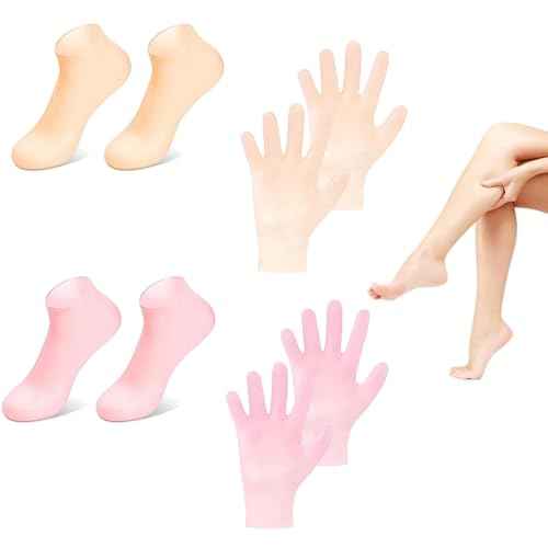 4 Pairs Silicone Moisturizing Glove Socks Set for Dry Cracked Feet and Hands, Anti Slip Spa Socks Women Gel Pedicure Socks for Foot Hand Softening Foot Care After Pedicure