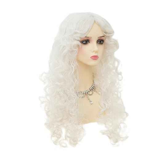 White Long Curly Wigs for Women With bangs Synthetic Queen Princess Middle Part Hair Wig for Cosplay Halloween