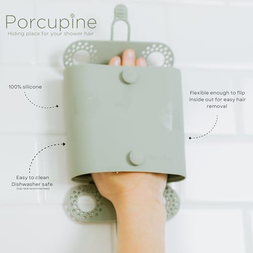 Shower Wall Hair Catcher, Modern Silicone Design Collects & Conceals Hair in Bathroom, Prevents Clogged Drains, Reusable, Removable, Easy to Clean, Heavy Duty Hanger Included (Sage Green)