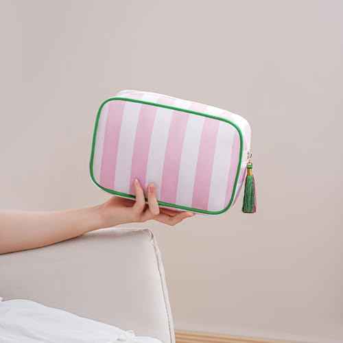 Large Stripe Canvas Zipper Makeup Bag,Aesthetic Tassel Travel Cosmetic Bag,Coquette Toiletry Bag, Girls Handbags Purses,Accessories Storage Bag for Women Girls (Pink)