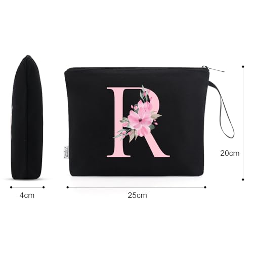 Vavabox A-Z Personalized Makeup Bag, Birthday Gifts for Women Mom, Gifts for Best Friend, Bride Bridesmaid Cosmetic bag (R, Black)