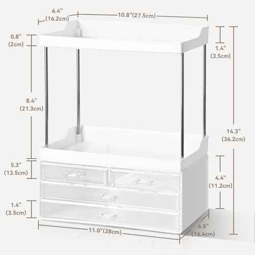 Bathroom Organizers and Storage, 5-Tier 4-Drawer Makeup Organizer Countertop, Multi-Purpose Large Makeup Vanity Organizer, Hair Product, Perfume & Skincare Storage, White
