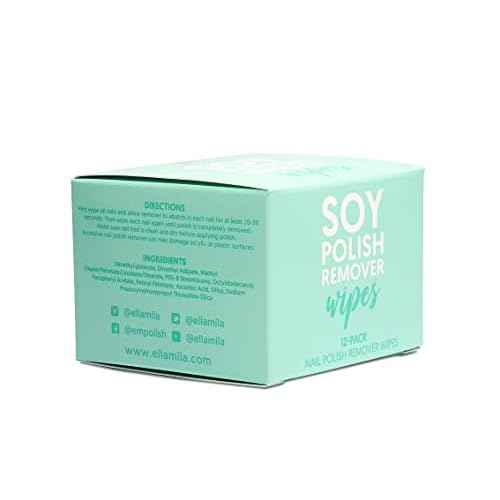 ella+mila Soy Nail Polish Remover Wipes Non-Acetone Lint Free Nail Wipes - Non-Toxic Fingernail Polish Remover - Unscented & Enriched with Vitamins A,C & E (12 Pack)