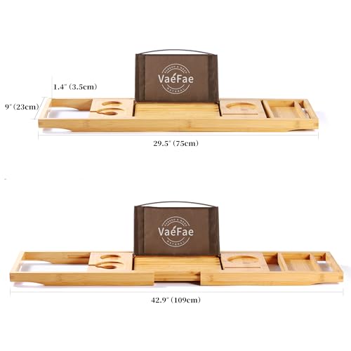 VaeFae Bamboo Bathtub Caddy Tray, Expandable Bath Tray for Tub with Upgraded Wine Slots and Book Holder - Ideal for One or Two Person Use