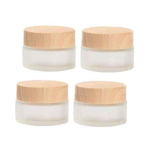 50 Gram/50 ml Empty Sample Jars Round Frosted Glass Bottle Cosmetic Cream Jar Wood Grain Lid Cosmetic Container Glass Cream Box Refillable Cream Pot Jars for Lip Balm Lotion Eyeshadow,4 Pack