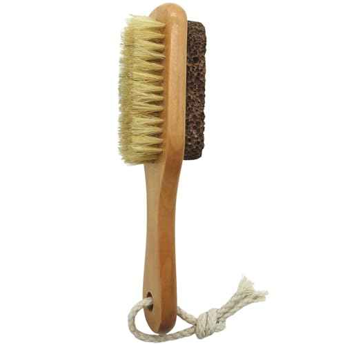 Natural Lava Pumice Stone for Feet with Brush, Callus Remover Foot Scrubber Exfoliator Pedicure Tools for Hard Dead Skin, Softer & Smoother Feet, Double Sided Boar Bristles Wooden Handle
