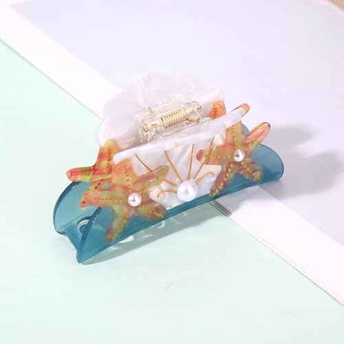 BVGA Sea Animal Hair Claw Clips Marine Life Starfish Seashell Pearl Crystal Claw Clips Cute Large Claw Hair Clips Beach Stylish Hair Accessories Gifts for Women Girls (Shell Starfish Blue)