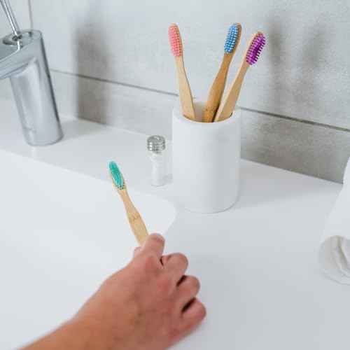 Bamboo Toothbrush 4-Pack & Compostable Silk Dental Floss with Refillable Glass Holder | Biodegradable Oral Care Set | Soft BPA-Free Bristles | Natural Eco-Friendly Gifts for Men & Women | Moso Handle