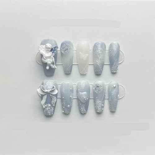 Handmade Blue Nail Patches for Rose Angels - Fake Nails and Manicures(Long blue,L), 1 Count (Pack of 1)
