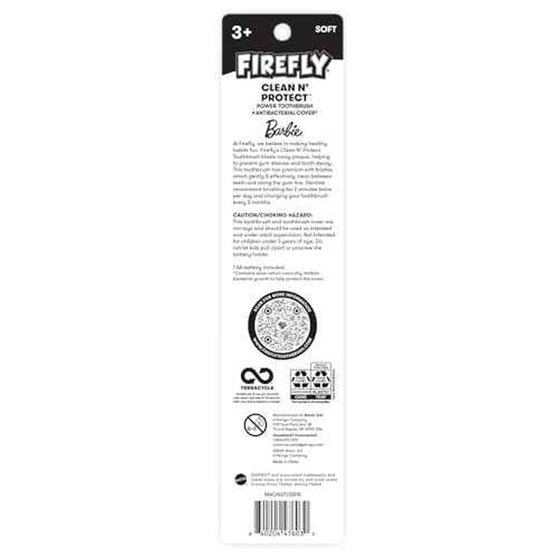 Firefly Clean N' Protect Barbie Toothbrush with Antibacterial Cover, Soft Bristles, Battery Included, Ages 3+, 1 Count