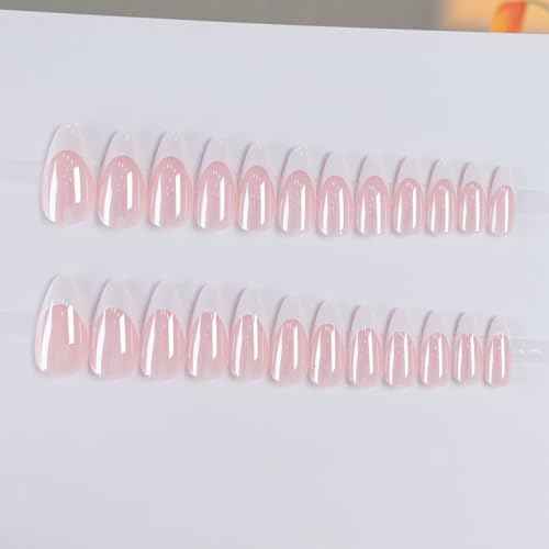 French Tip Press on Nails Almond Fake Nails Press ons with Designs Chrome False Nails Medium Glossy Full Cover Glue on Nails French Acrylic Stick on Nails for Women Nail Manicure Decoration 24Pcs
