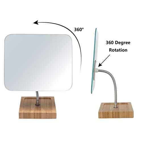 YEAKE Flexible Gooseneck Bamboo Vanity Makeup Mirror,360¡ÆRotation 8" Large Frameless, Folding Portable Table Desk Mirror with Stand for Bathroom Shaving Make Up, Rectangle