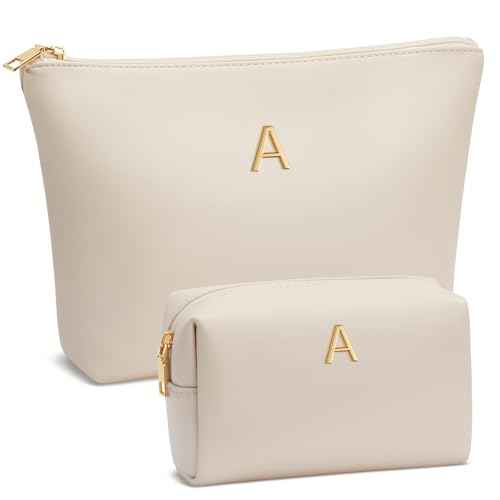 Women Gifts | Initial Makeup Bag Set for Girl Personalized Gifts for Bridesmaid Friend Graduation Teachers PU Leather Cosmetic Travel Toiletry Bag(Beige,A)