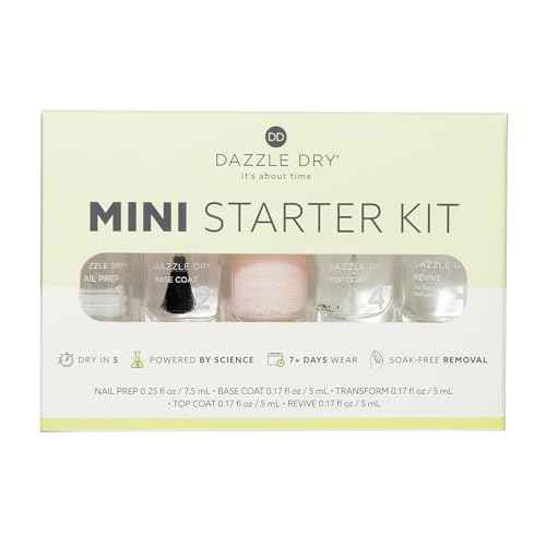 Dazzle Dry Complete Starter Mini Kit | Step 1 - Nail Prep, Step 2 - Base Coat, Step 4 - Top Coat, Transform - Ridge Filler & Revive - Polish & Top Coat Thinner.