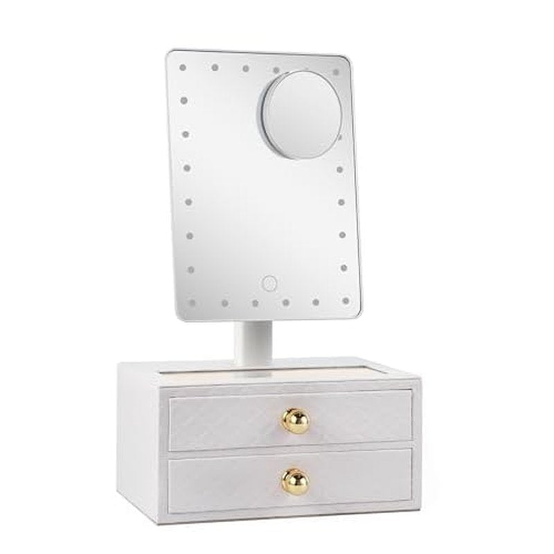 Star Vision 2-in-1 Lighted Makeup Mirror with PU Jewelry Organizer, Dimmable 6,000K Cool White Light, 2-Layer Drawers, PU Surface with Stitching, Includes a 10X Magnification Mirror, White