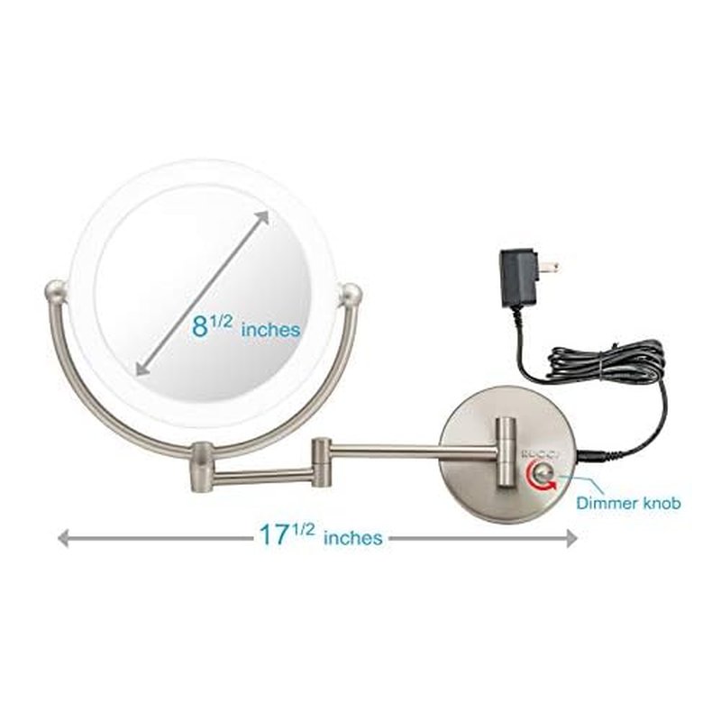 Wall Mount LED Lighted Makeup Mirror, AC Adaptor, 10x/1x Magnification, Satin Nickel Finish 8.6"D x 17.5"L by Rucci