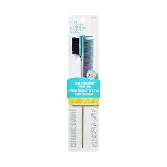 KISS Colors & Care 3-in-1 Edge Combrush, 100% Natural Boar Bristles, Edge Brush, Parting Comb, Side Comb & Pin Tail, Multifunctional Styling Tool with Ombre Chrome Finish