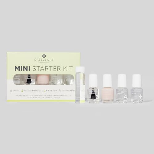 Dazzle Dry Complete Starter Mini Kit | Step 1 - Nail Prep, Step 2 - Base Coat, Step 4 - Top Coat, Transform - Ridge Filler & Revive - Polish & Top Coat Thinner.