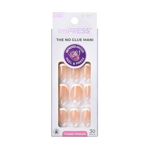 KISS imPRESS No Glue Mani Press On Nails, French, 'Model', Light Neutral + White Tip French, Short Size, Squoval Shape, Includes 30 Nails, Prep Pad, Instructions Sheet, 1 Manicure Stick, 1 Mini File