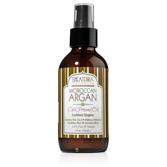 Shea Terra Moroccan Argan Cold-Pressed Extra Virgin Oil | Nutrient-Rich, All Natural & Organic Oil with Anti-Aging Vitamin A and E to Increase Skin Elasticity and Condition Dry & Damaged Hair ? 4 oz
