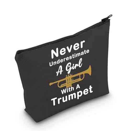 LELVO Funny Trumpet Gift Never Underestimate A Girl With A Trumpet Makeup Bags Trumpet Lovers Zipper Pouch (Girl With A Trumpet+black)