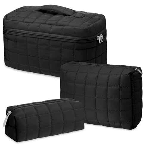 3 Pcs Large Puffy Makeup Bag Set Quilted Cosmetic Pouch for Women Cute Checkered Travel Toiletry Bag Puffer Makeup Organizer Purse Pouch Preppy Pencil Case with Zipper(Black)