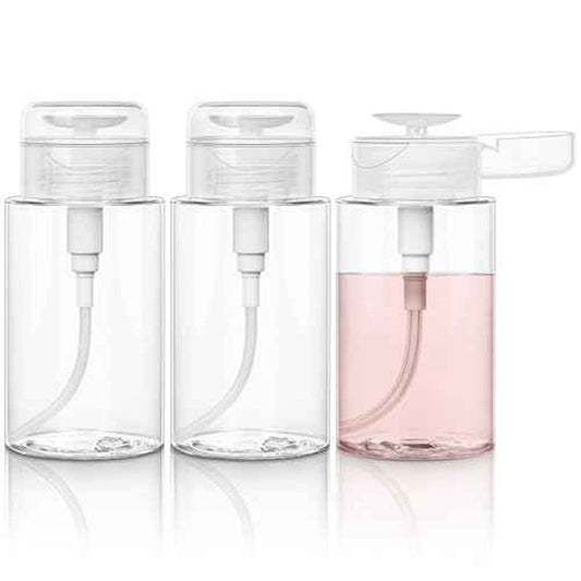 3 Pack Push Down Pump Bottle Dispenser for Makeup Remover, Facial Toner, Micellar Water, Alcohol, Nail Polish Remover Empty Push Top Bottles Containers 6.7oz/200ML
