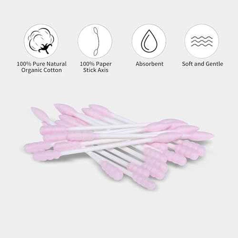 Pink Cotton Swabs Spiral Pointed - 200 Count Organic Cotton Buds Double Side Tightly Wrapped Precision Cotton Tips Paper Stick Soft Gentle Lint-Free Cruelty-Free, Spiral & Pointy (Pink)
