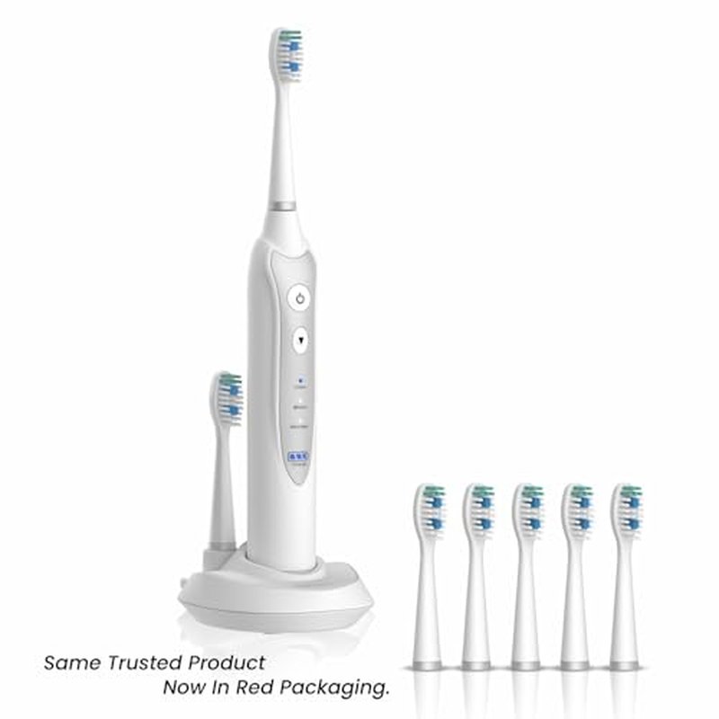 Sonic Electric Toothbrush for Adults with 5 Toothbrush Replacement Heads, 3 Brushing Modes & 2 Minutes Built-in Timer, Travel Toothbrushes with Inductive Charging, Rechargeable toothbrush | White